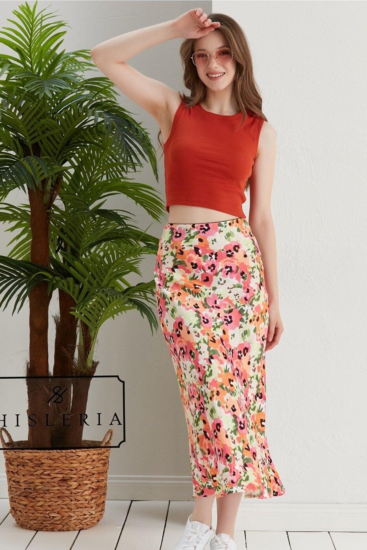 Floral Pattern Viscose Satin Midi Length Skirt -pink Flower - Swordslife