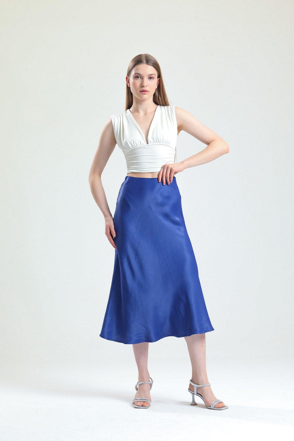 Summer Oblique Viscose Satin Fabric Navy Blue Midi Length Skirt - Swordslife