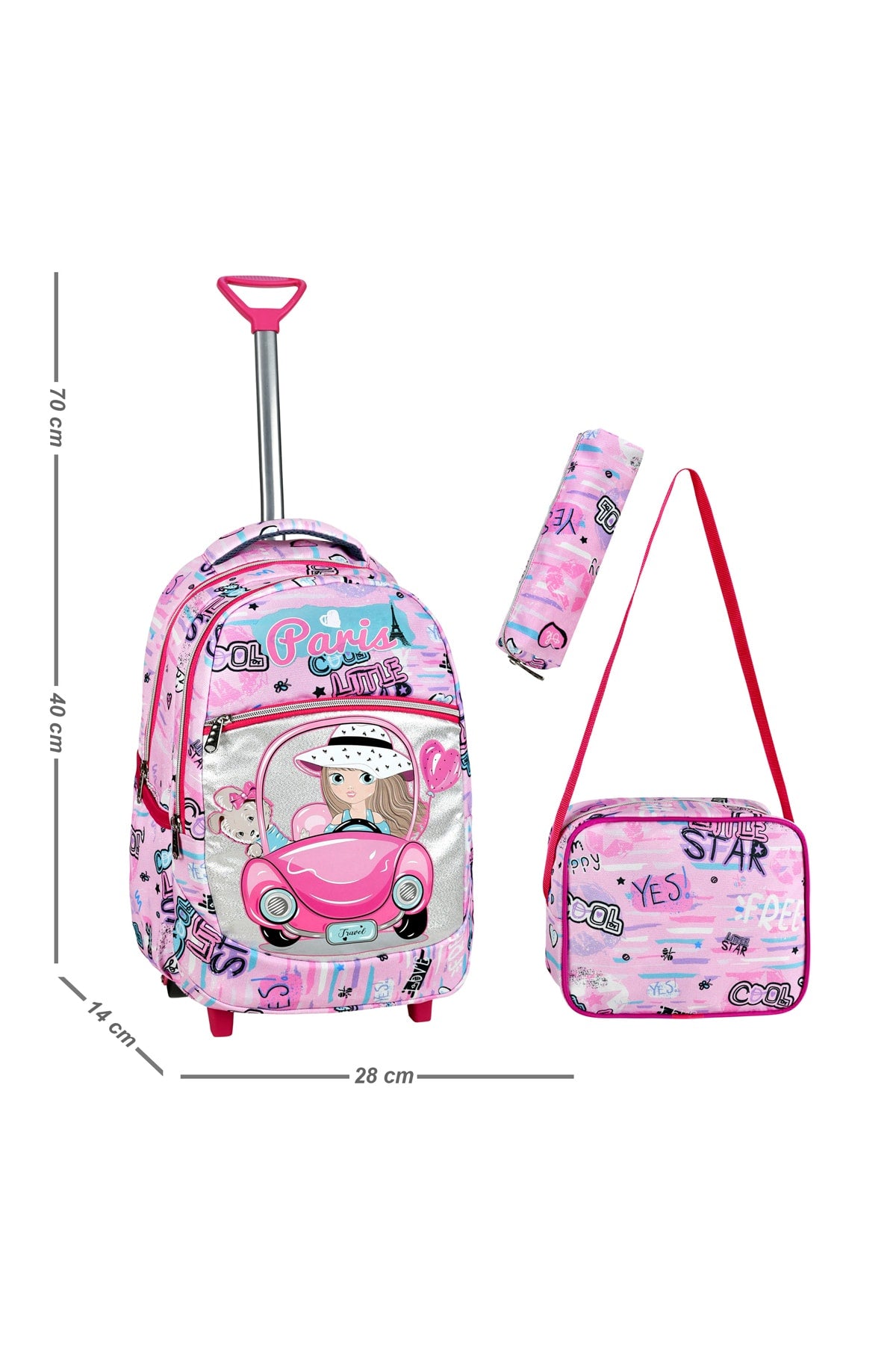 3 Pcs School Set with Squeegee, Pink Car Pattern Primary School Bag + Lunch Box + Pencil Holder