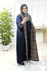 Plus Size Setenay Full Length Inner Leopard Double Sleeve Trench - Navy Blue - Swordslife