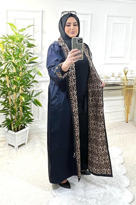 Plus Size Setenay Full Length Inner Leopard Double Sleeve Trench - Navy Blue - Swordslife