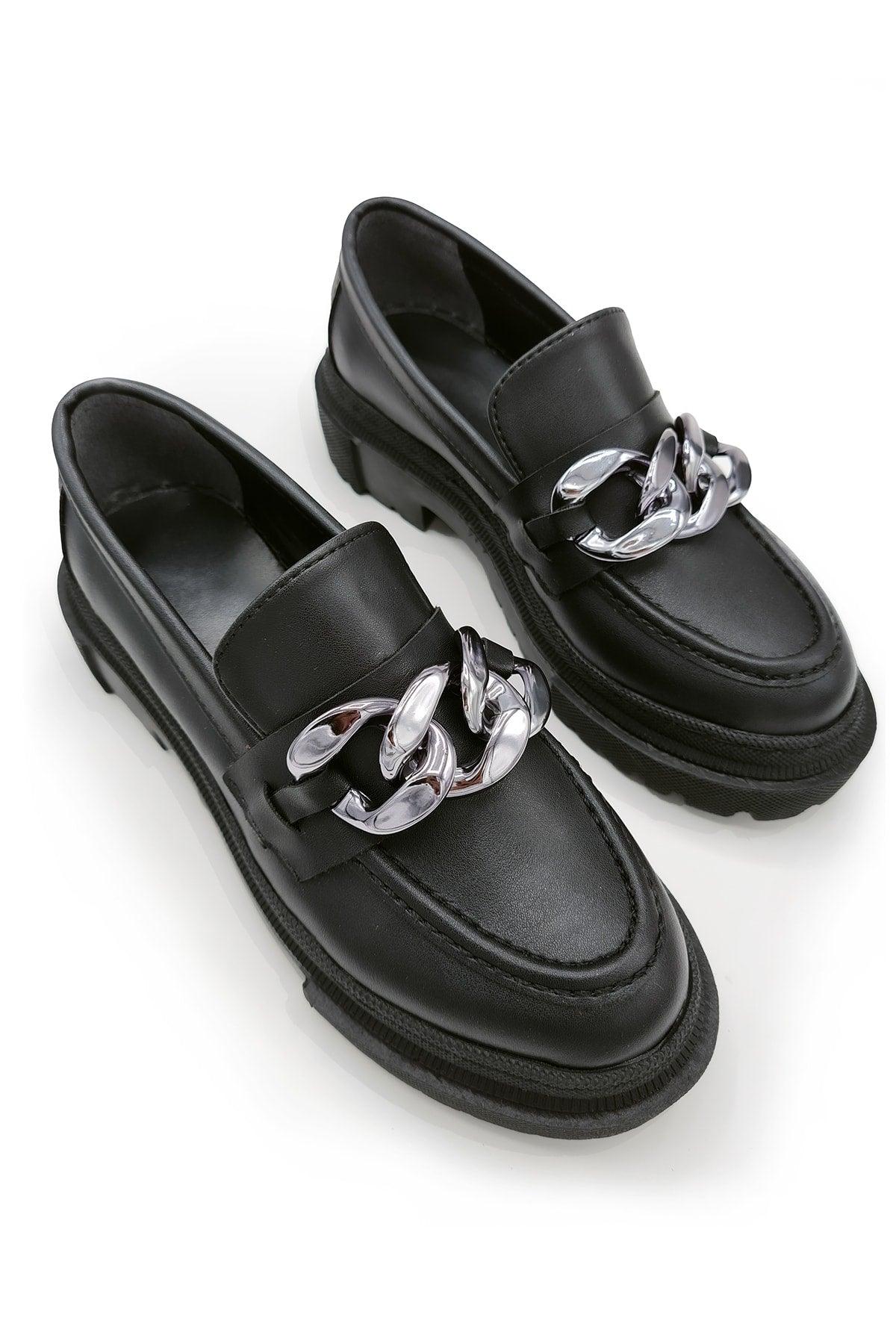 Women's Black Chain Thick Sole Loafers Loafers Platinum Chain - Swordslife