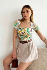 Women's Short Sleeve Square Collar Ecru Cream Pattern Blouse - Swordslife