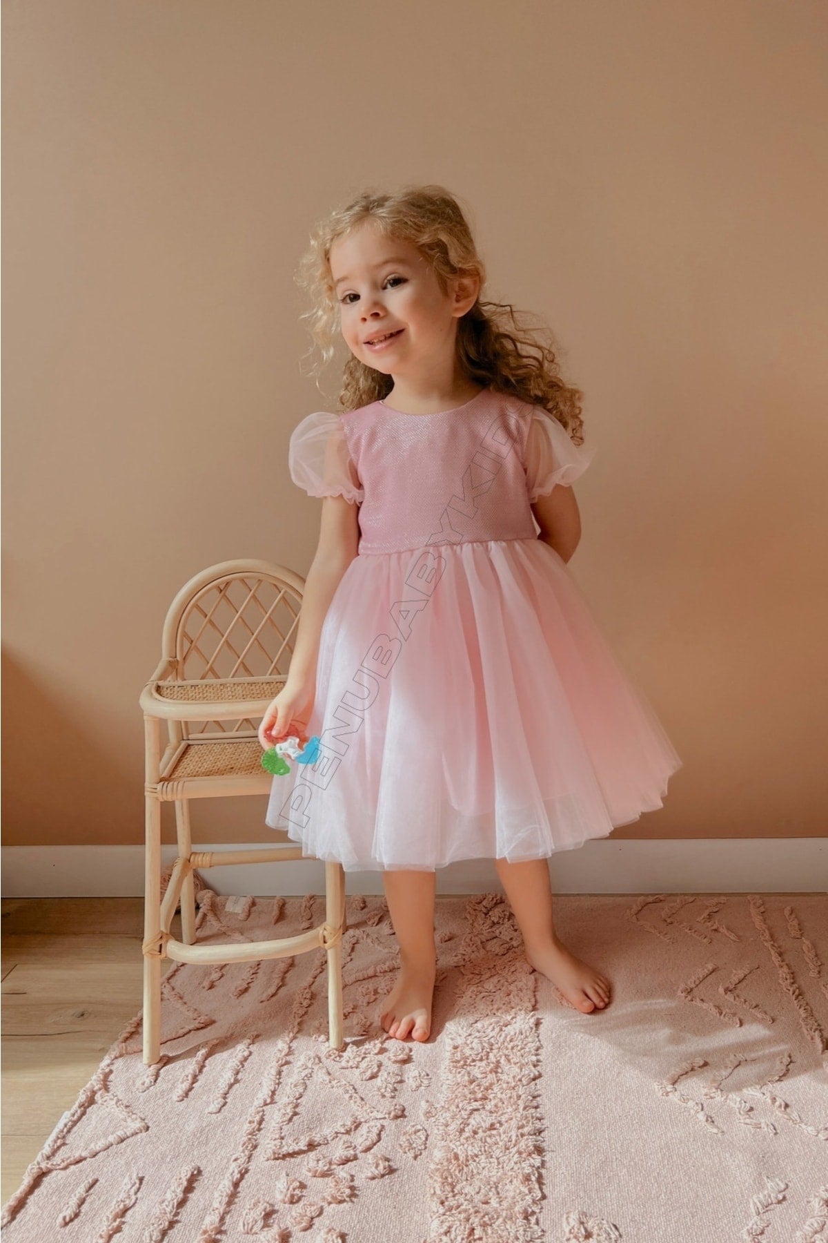 Pink Short Balloon Tulle Sleeve Detailed Tulle Baby Girl Dress - Cinderella