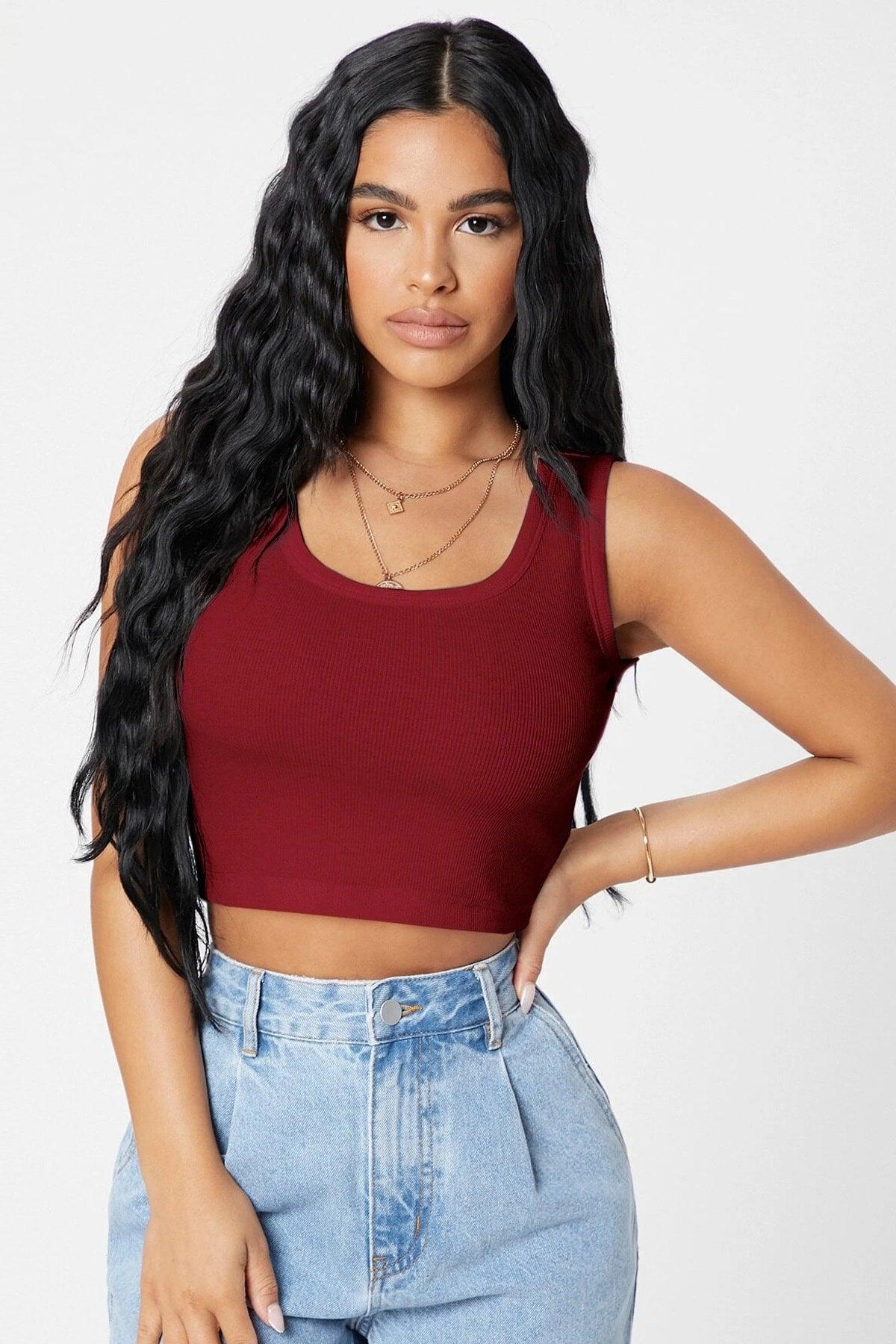 Women's Burgundy Square Neck Crop Top Blouse - Swordslife