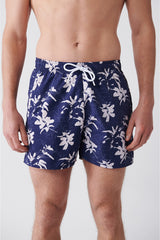 Men's White-Navy Blue Quick Dry Printed Standard Size Swimwear Marine Shorts E003802
