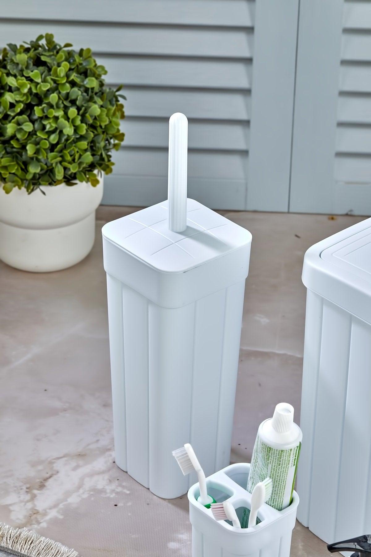 Trend Lux Roving Striped Patterned Bathroom Trash Bin-WC Toilet Brush-Soap Dispenser-Tooth Brush Holder White - Swordslife