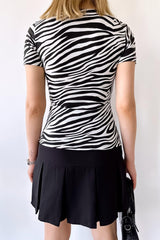 Women's Short Sleeve Square Collar Ecru Zebra Viscose Blouse - Swordslife