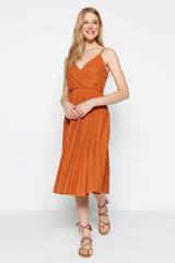 Cinnamon Waist Drop/Skater Midi Double Breasted Pleated Strap Stretch Knitted Dress TWOSS20EL2729 - Swordslife