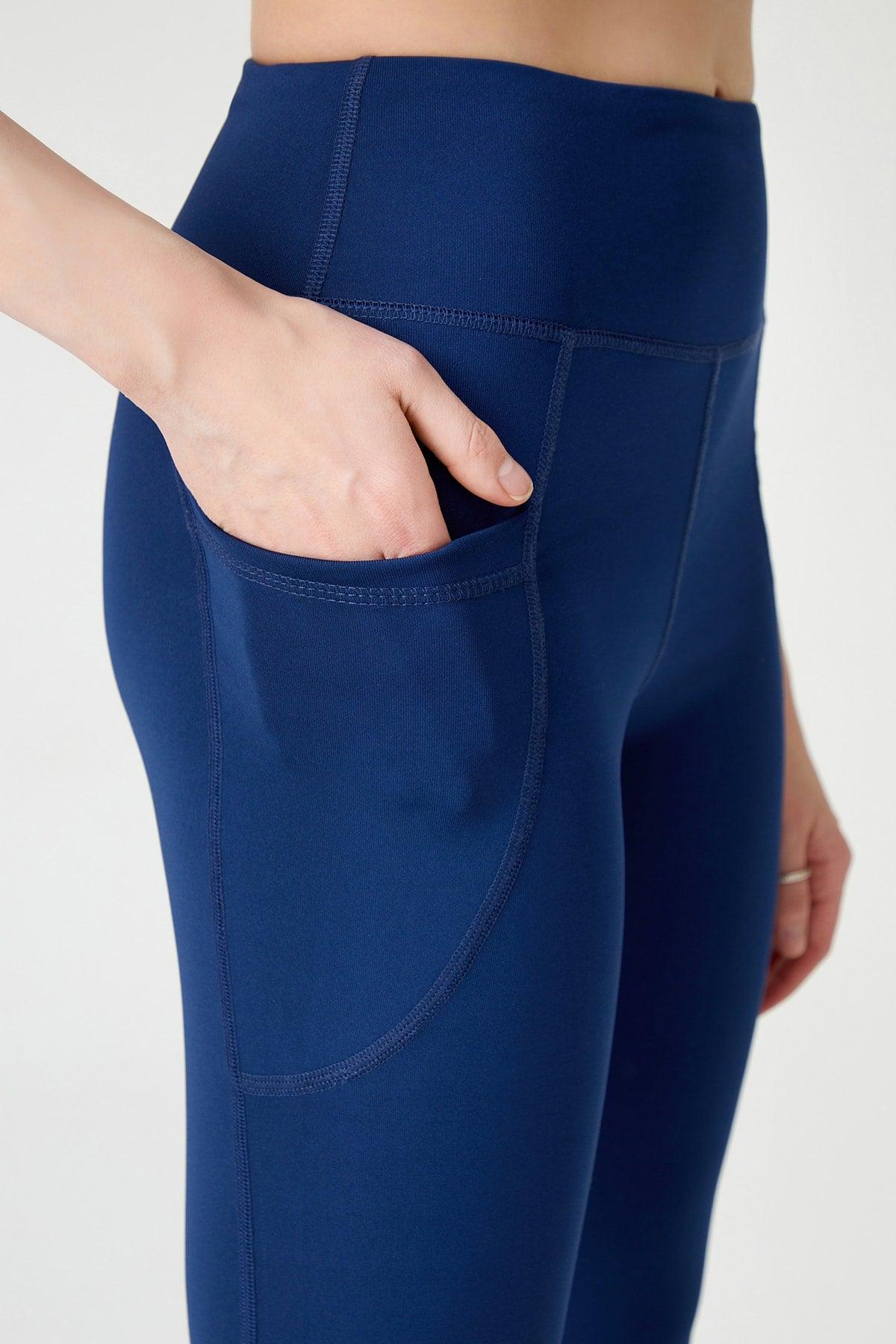 Women's Navy Blue High Waist Gatherer Double Pocket Spanish Leg Leggings Bootcut - Swordslife