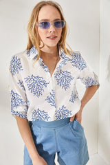 Women's Bush Blue Sleeve Fold Linen Shirt GML-19000825 - Swordslife