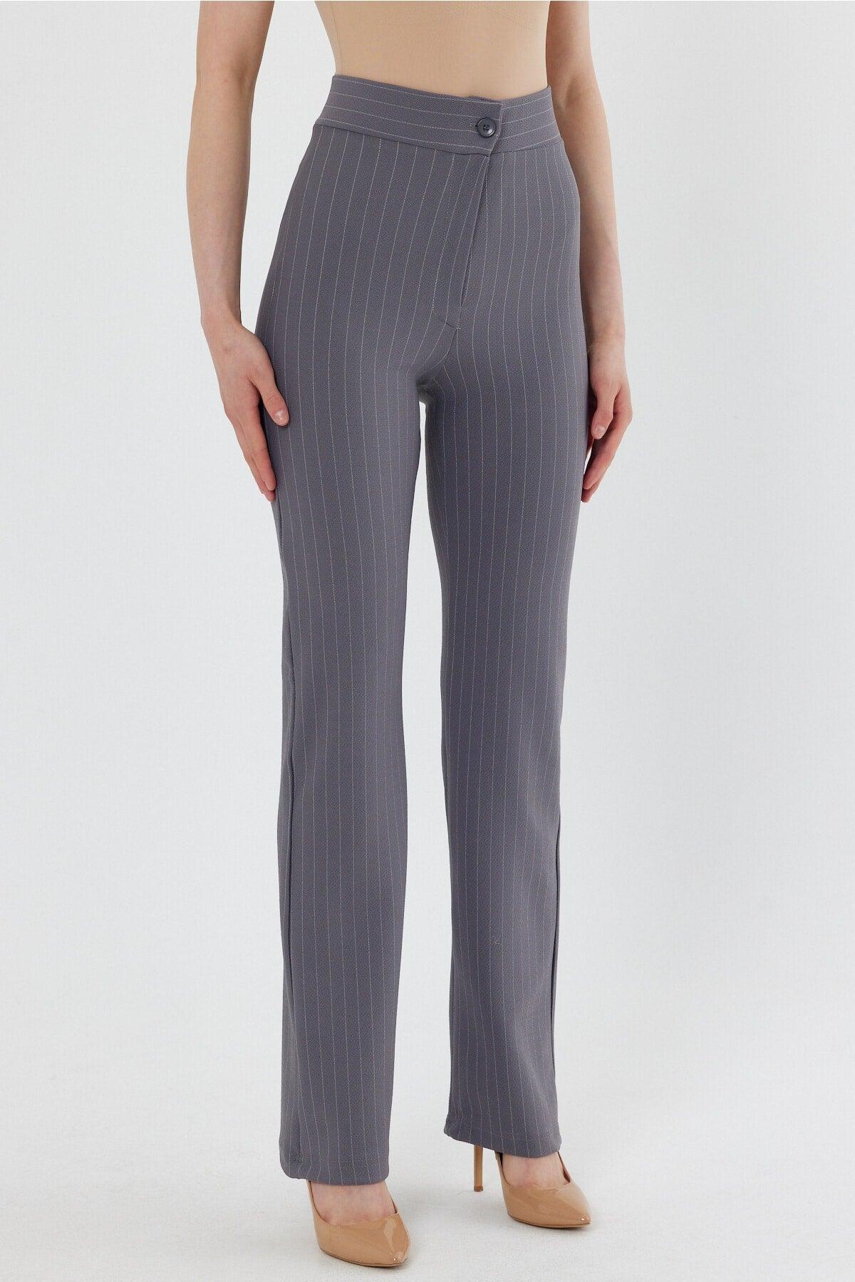 Women's Gray Striped High Waist Gatherer Bell-Length Palazzo Trousers - Swordslife