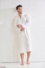 Men's White Cotton 4-Season Pique Dressing Gown and Bathrobe - Swordslife
