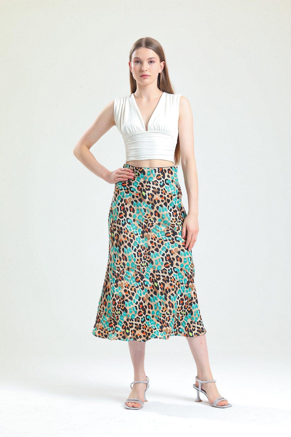 Patterned Viscose Midi Length Satin Skirt - Turquoise - Swordslife