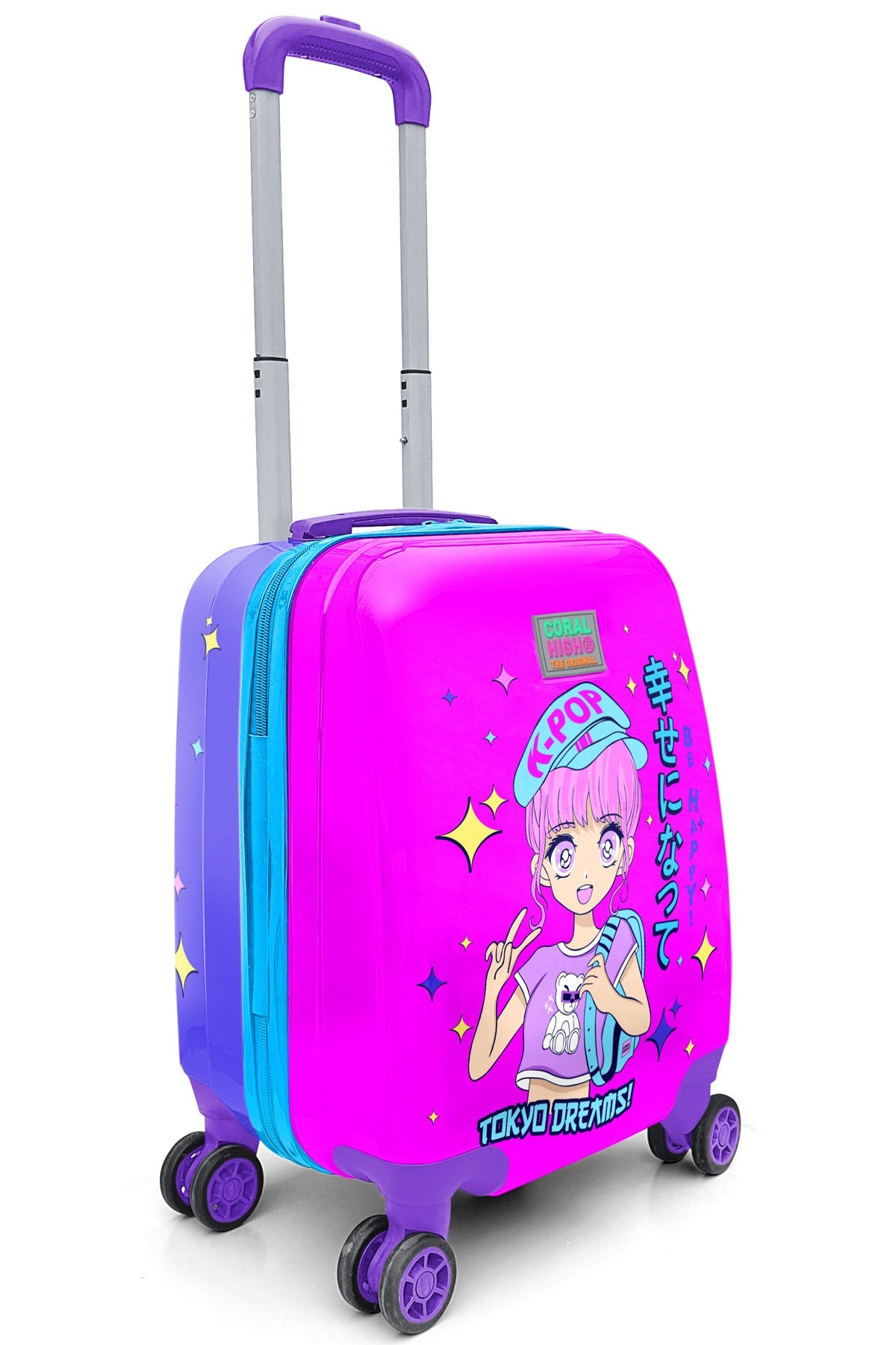 Lila, Rosa und Blauer Kinderkoffer mit K-Pop-Muster 16727