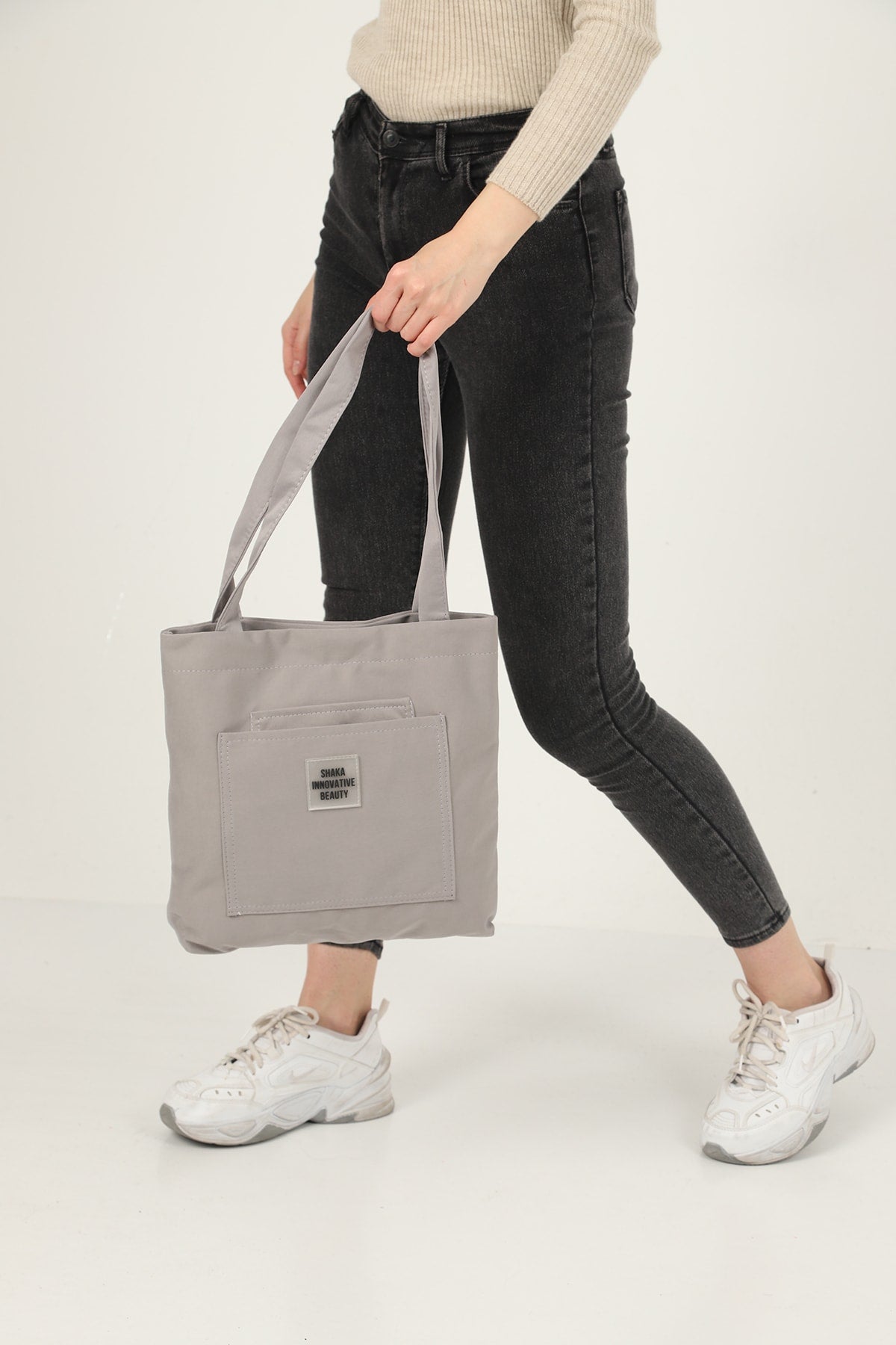 Gray U22 3-Compartment Front 2 Pocket Detailed Canvas Fabric Daily Women's Arm and Shoulder Bag B:35 E:35