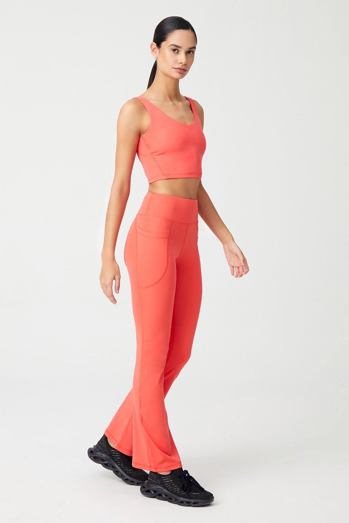 Women's Coral High Waist Slimmer Double Pocket Spanish Leg Leggings Bootcut - Swordslife