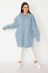 Women's Large Size Blue Loose Cut Snap Button Oversize Denim Tunic Jacket 65n28047 - Swordslife