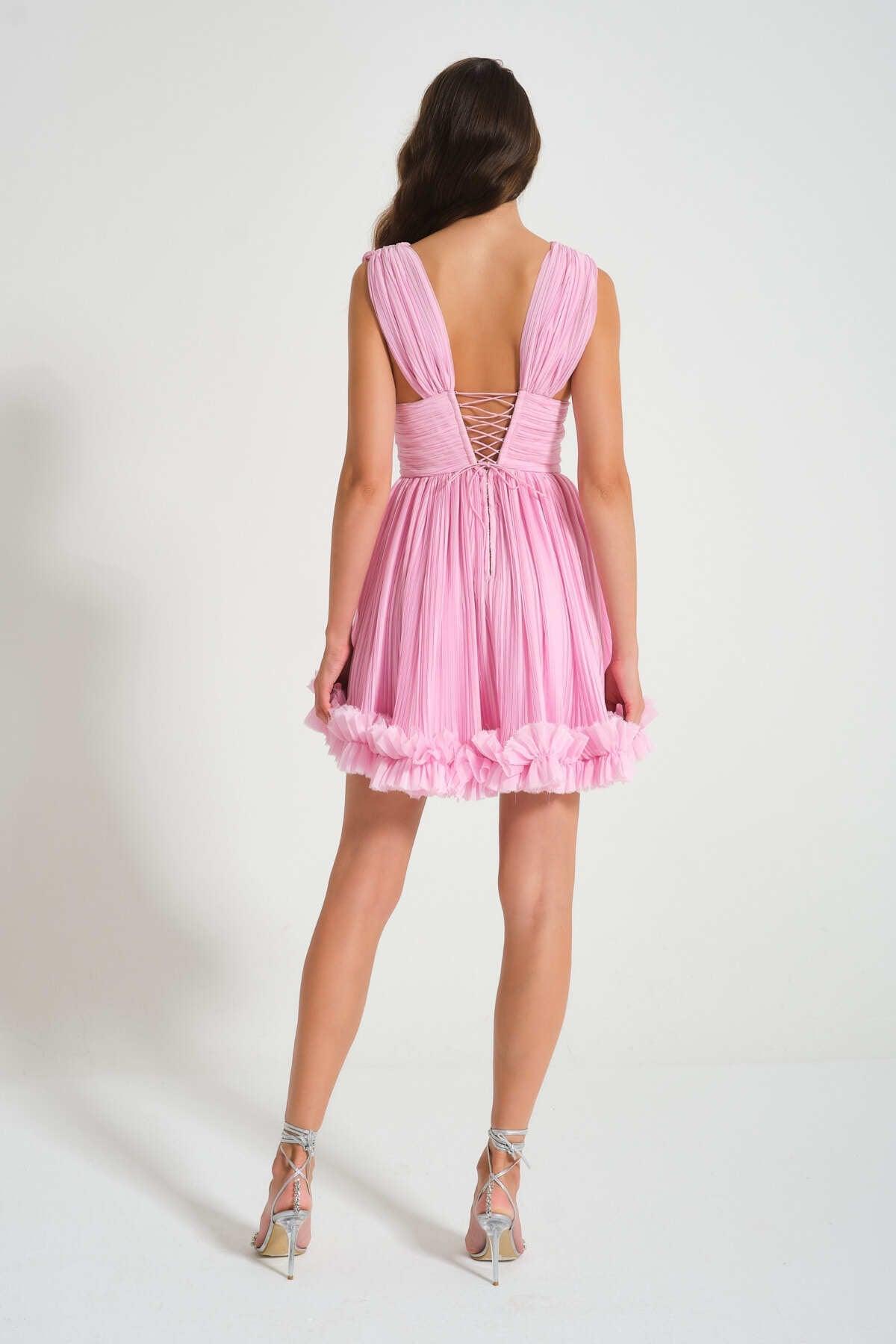 Lotus Pink Pleated Chiffon Frilly Mini Dress - Swordslife