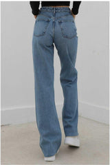 Roza Lycra Loose Women's Blue Snow Wash Super High Waist Wide Leg Denim Jeans Trousers - Swordslife