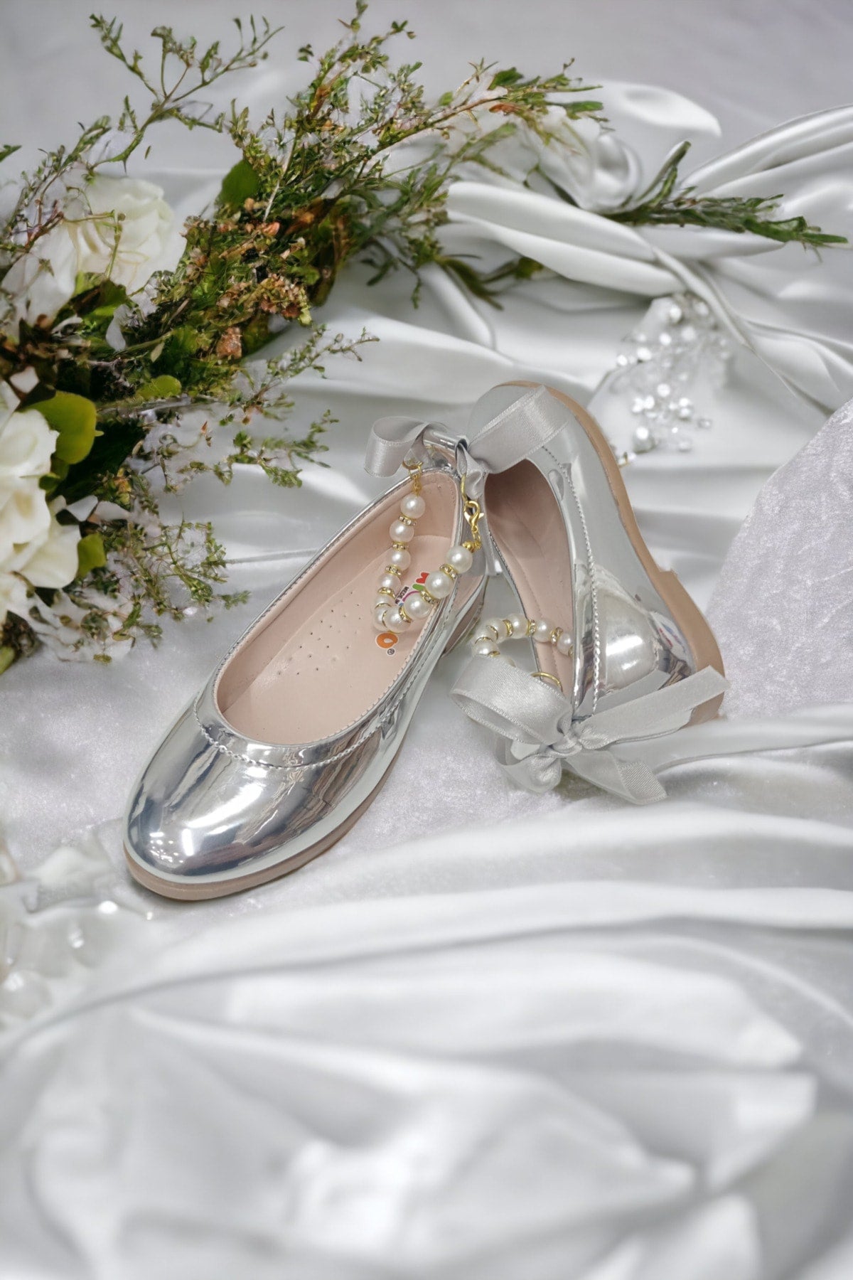 Girls' Pearl Stones Silver Mirror Orthopedic Flats