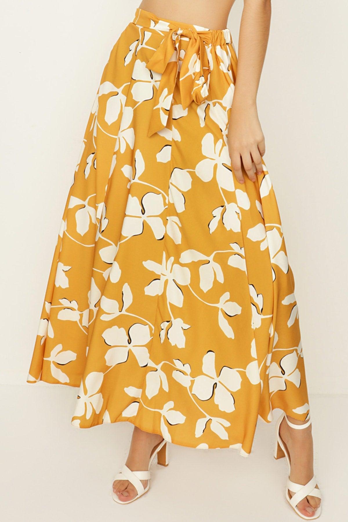 Women's Mustard Patterned Belted Ruffle Long Skirt - Swordslife