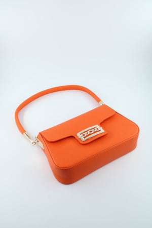 Orangefarbene, strukturierte Clamshell-Hand- und Armtasche für Damen mit Magnetfutter