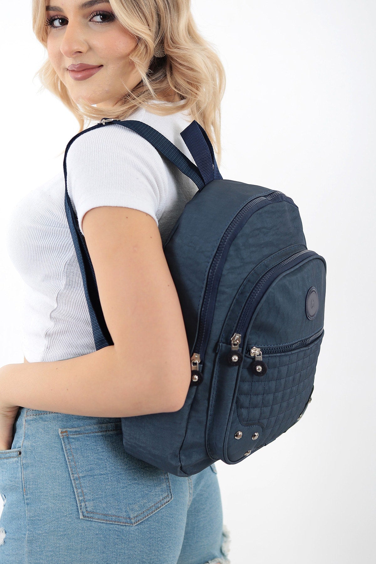 Unisex Marineblauer Crinkle-Stoff, wasserdichter und schmutzabweisender Rucksack und Schultasche