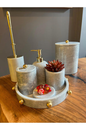 Decorative Gray Marble Gold Ball Cabaret Detailed 7 Pcs Bathroom Set - Swordslife