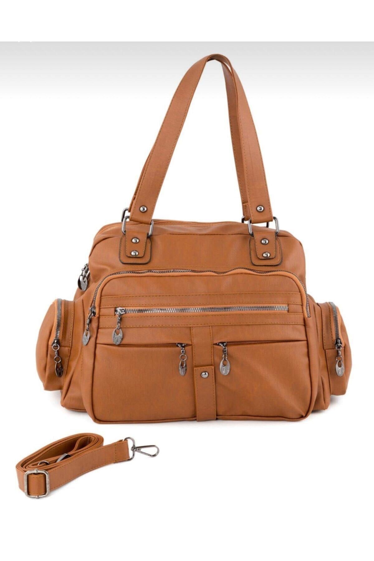 Samilon Women'S Tan Wash Leather Multi-Compartmental Shoulder And Handbag