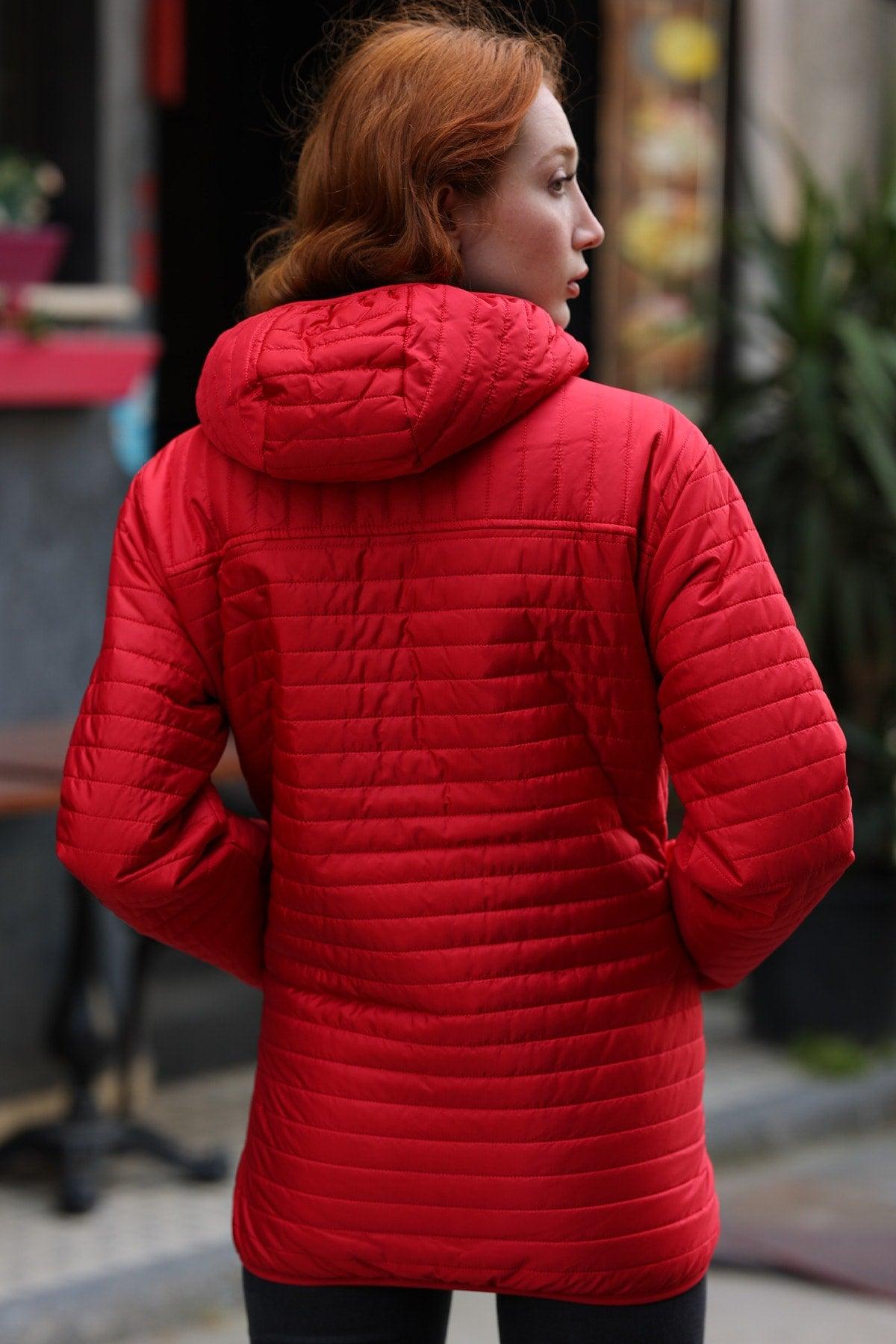 Women's Red Hooded Lined Waterproof And Windproof Coat - Swordslife