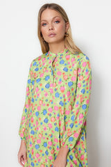 Dark Green Floral Pattern Half Pat Hem Frilled Woven Dress - Swordslife