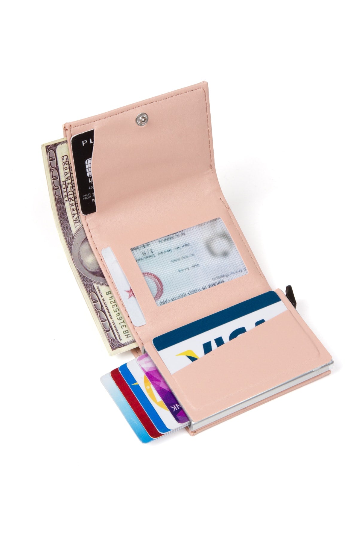 Unisex Leather Aluminum Mechanism Sliding Card Holder Wallet With Paper Money Compartment