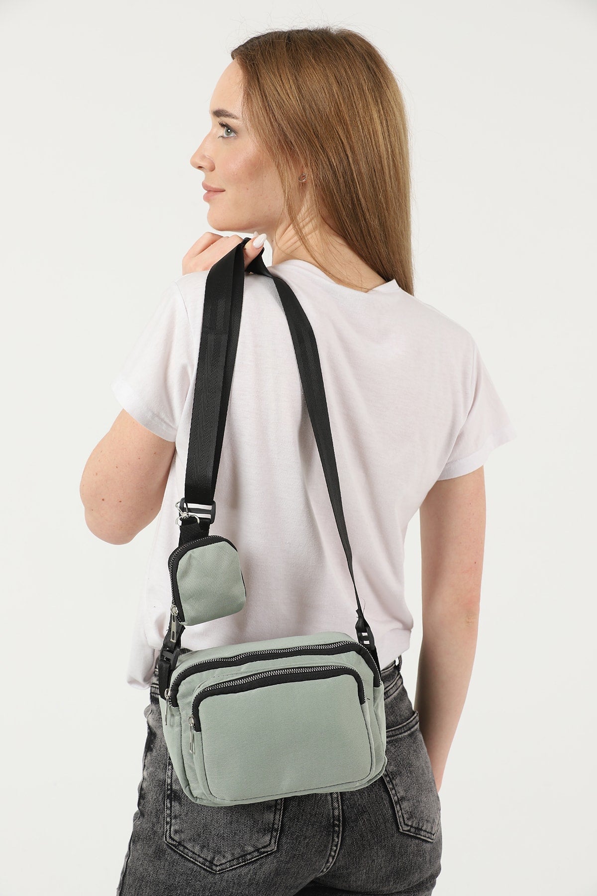 Green U4 Canvas Women'S Cross Shoulder Bag With 2 Compartments And Wallet With Adjustable Strap B:17 E:22 G:12
