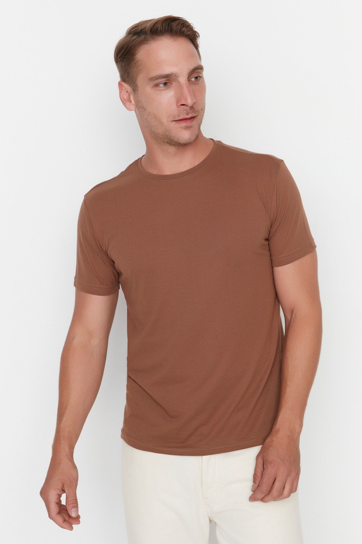 Brown Men's Basic Regular/Normal Fit Crew Neck Short Sleeved T-Shirt TMNSS22TS0271