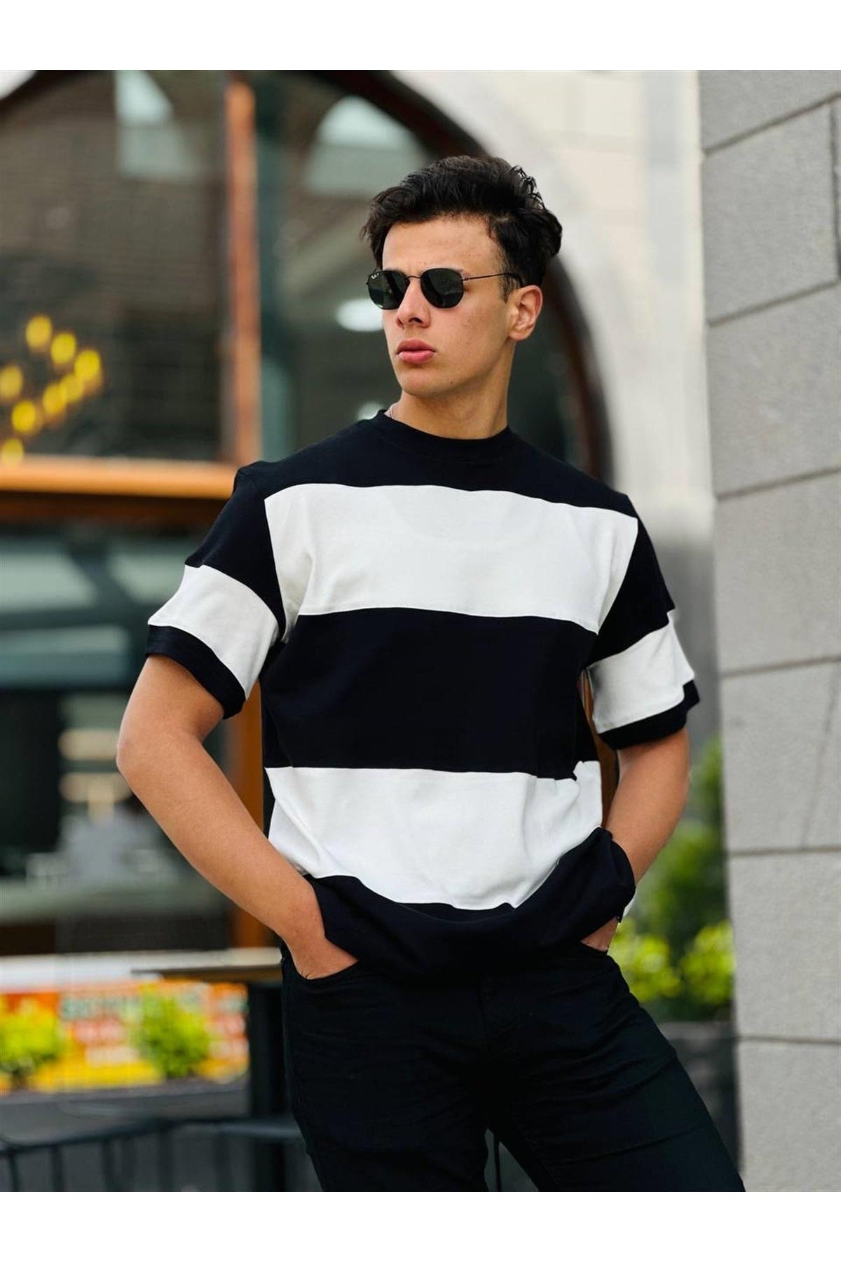  Двухцветная футболка с коротким рукавом Oversize-черно-белая