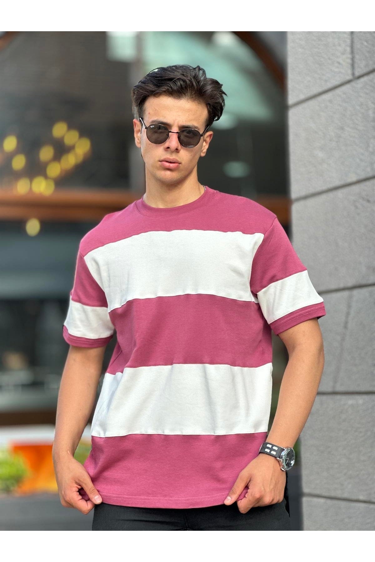 Two Color Short Sleeve T-Shirt Oversize-Fuchsia-White