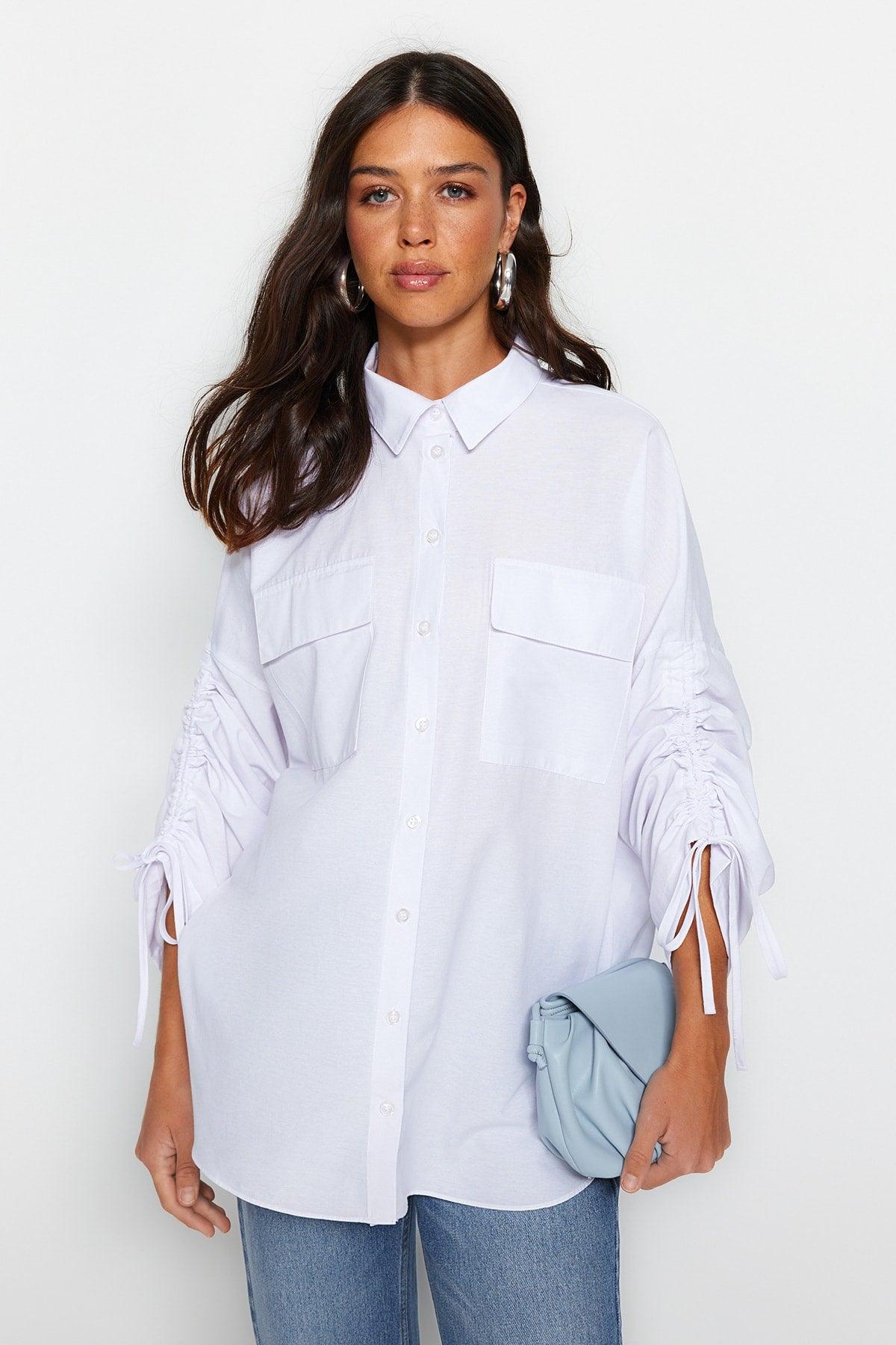 White Adjustable Ruffle Detailed Woven Cotton Shirt with Adjustable Sleeves TCTSS23TG00011 - Swordslife