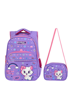 Lizenzierter Grundschulrucksack und Brotdose mit lila Katzenmuster
