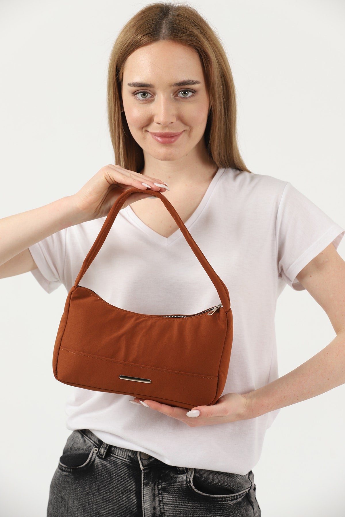 Tile U26 Single Zipper Section Canvas Fabric Women'S Daily Baguette Hand And Shoulder Bag U:13 E:25 G:6