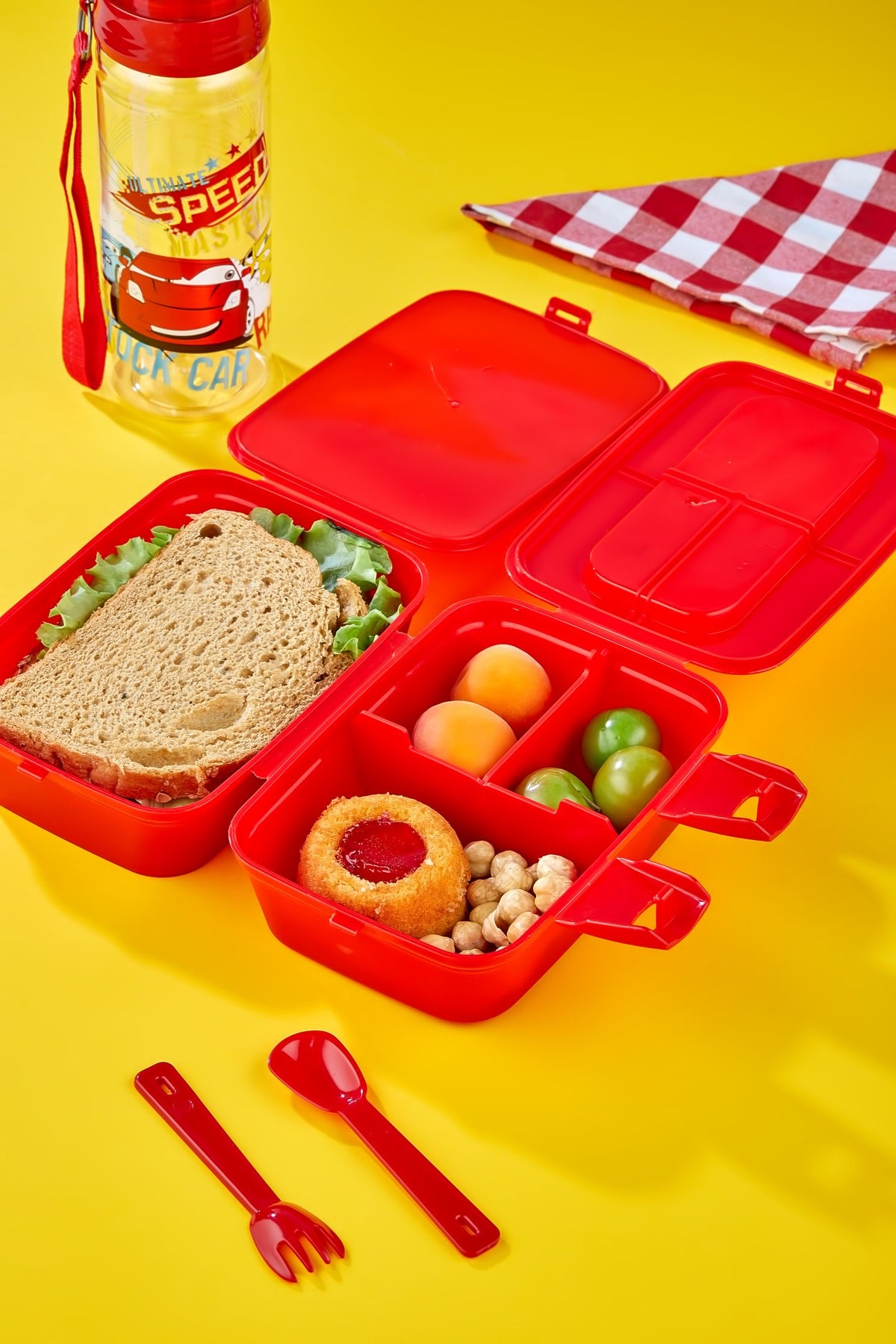 2-lagige Lunchbox mit 4 Fächern und Selbstlöffel und 500-ccm-Wasserflasche mit Strohhalmwagen