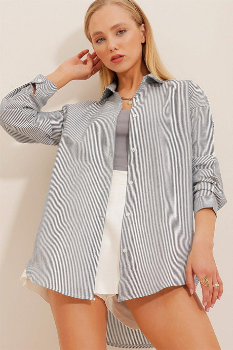 Women's Navy Blue Striped Oversize Shirt ALC-X10232 - Swordslife