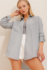 Women's Navy Blue Striped Oversize Shirt ALC-X10232 - Swordslife