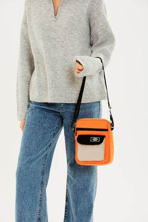 Orange/Cream/Black U2 3-Compartment Cross Adjustable Strap Canvas Fabric Unisex Shoulder Bag B:22 E: