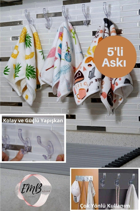 5 Piece Self Adhesive Strong Transparent Hanger - Behind Door Kitchen Wall Bathroom - Swordslife
