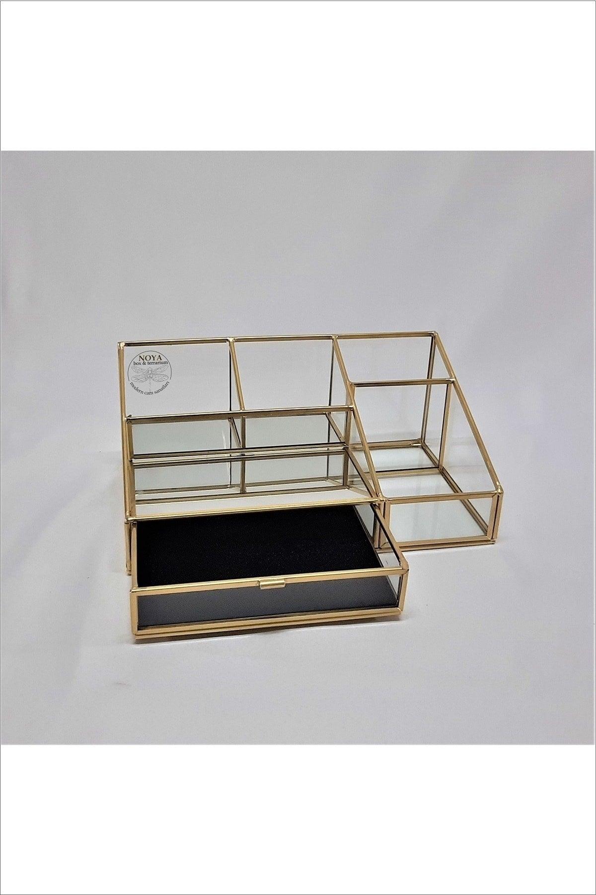 5 Section Brass Glass Small Drawer Black