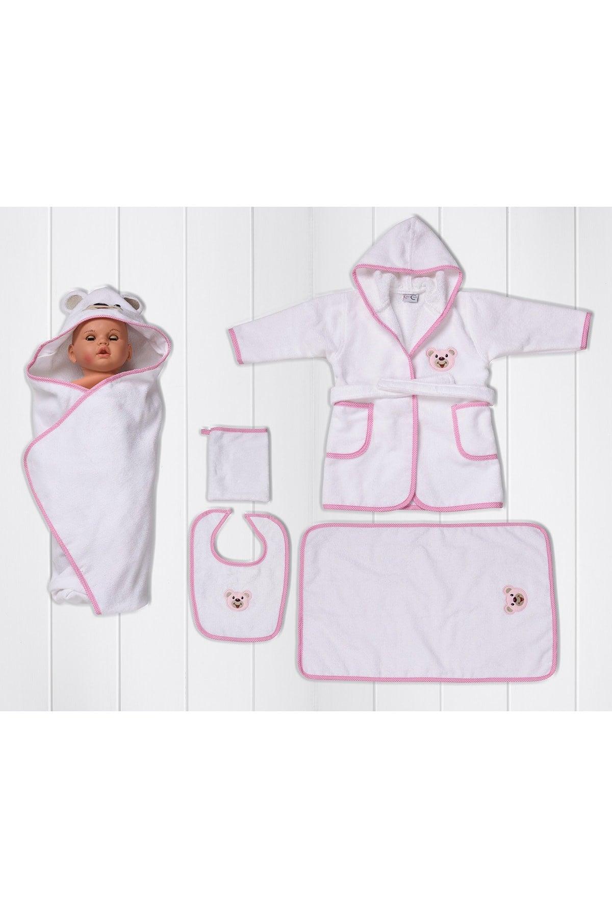 5 Piece Baby Bathrobe Set Pink Bear