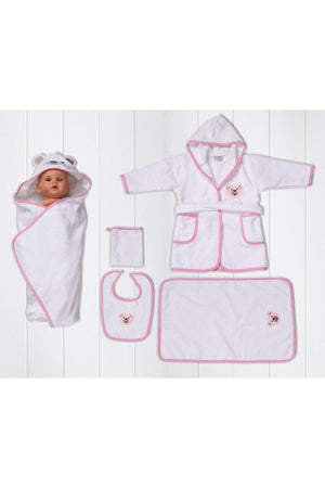 5 Piece Baby Bathrobe Set Pink Bear