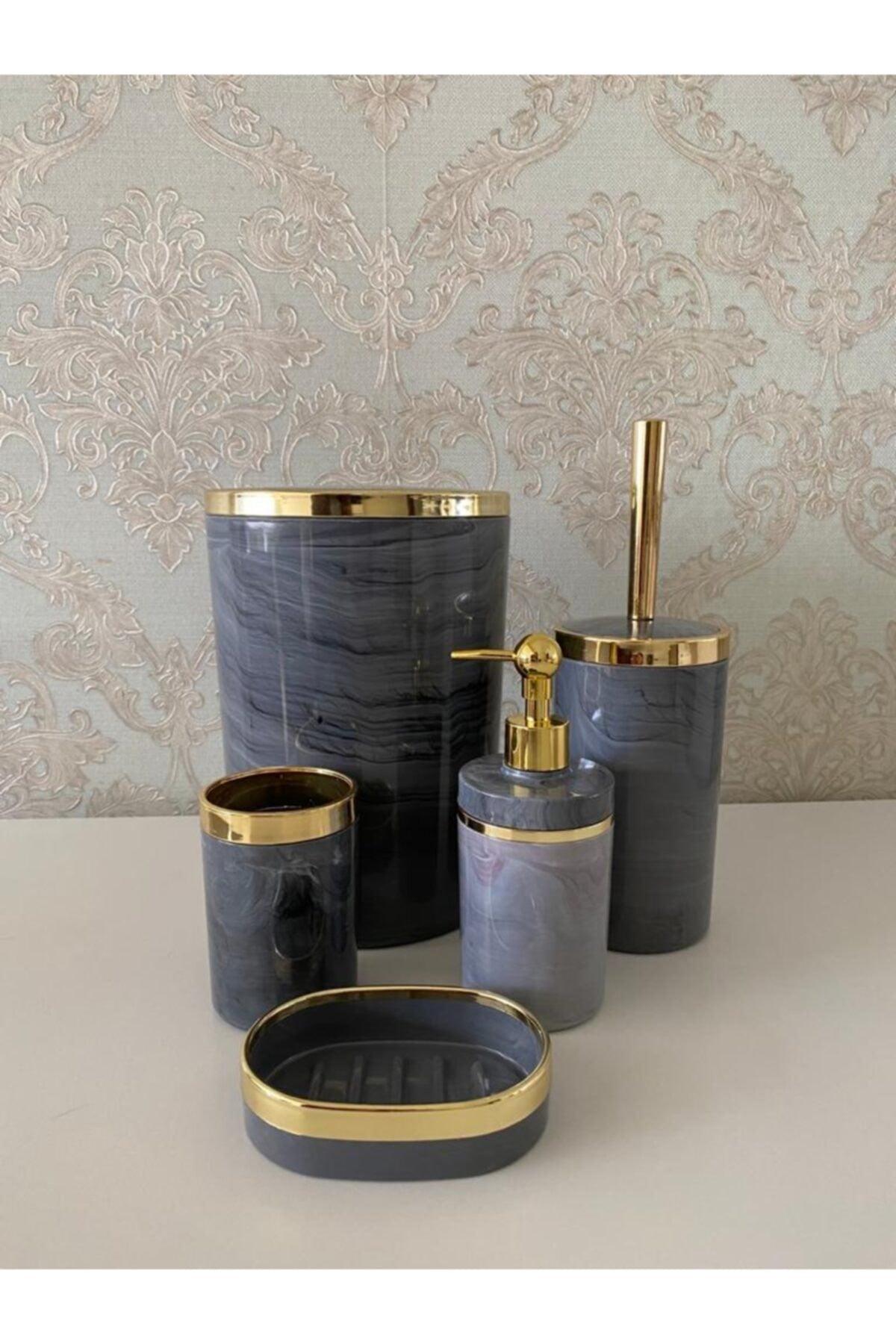 5 Teil Marmor Muster Bad Set / PVC-Bürste, Flüssigkeit - Solide Seife, Mülleimer, Zahnbürste - Swordslife