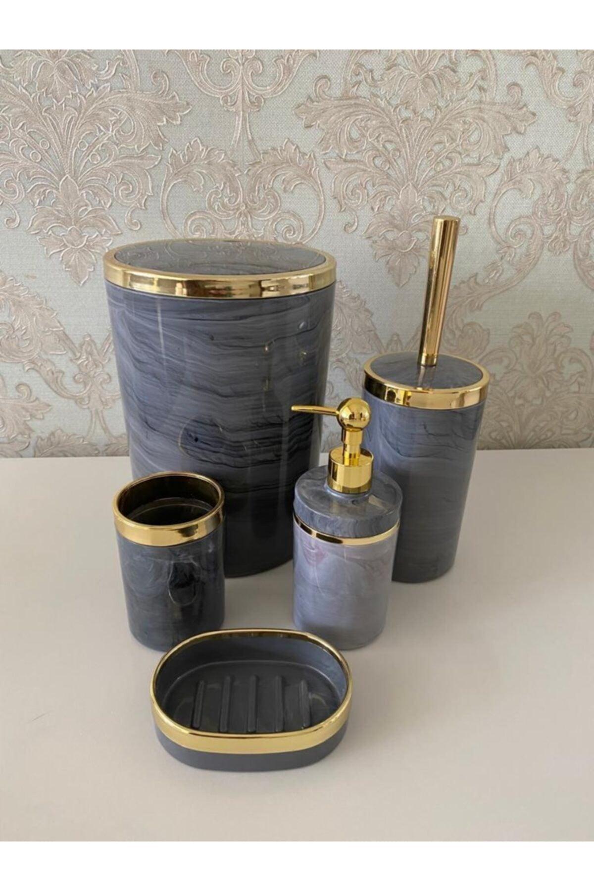 5 Teil Marmor Muster Bad Set / PVC-Bürste, Flüssigkeit - Solide Seife, Mülleimer, Zahnbürste - Swordslife